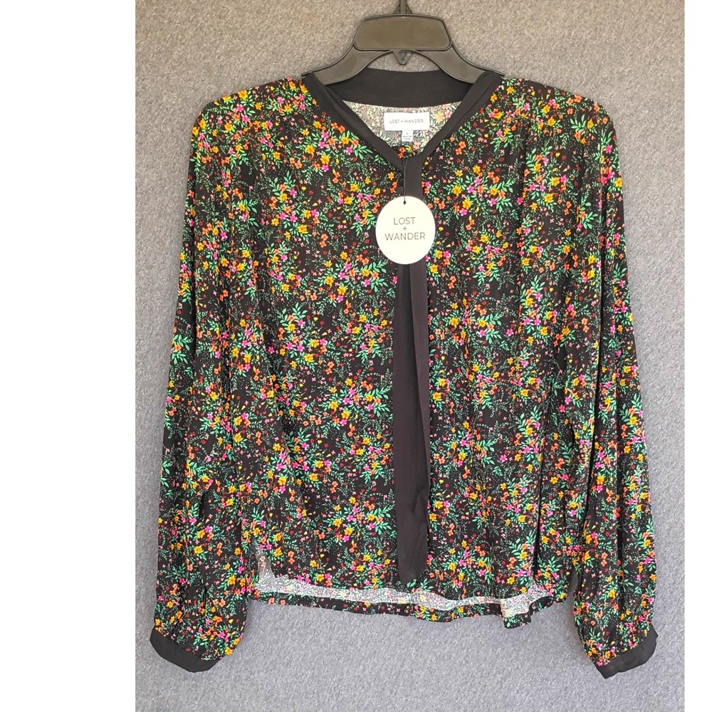 Floral Ditsy Tie Neck Blouse Black Long Sleeve‎ Button Front Top L Office Work